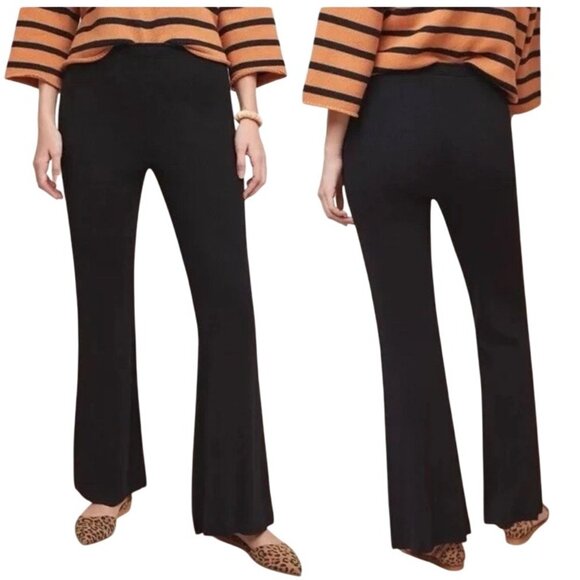 Anthropologie Womens Black Ribbed knit Flare pull on Pants S boho hippie neutral - Picture 1 of 10